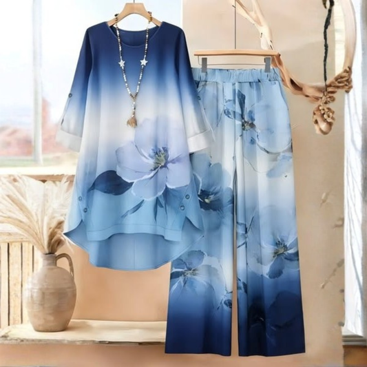 Roselle Elegant Floral Gradient Ocean Blue Two-Piece Set