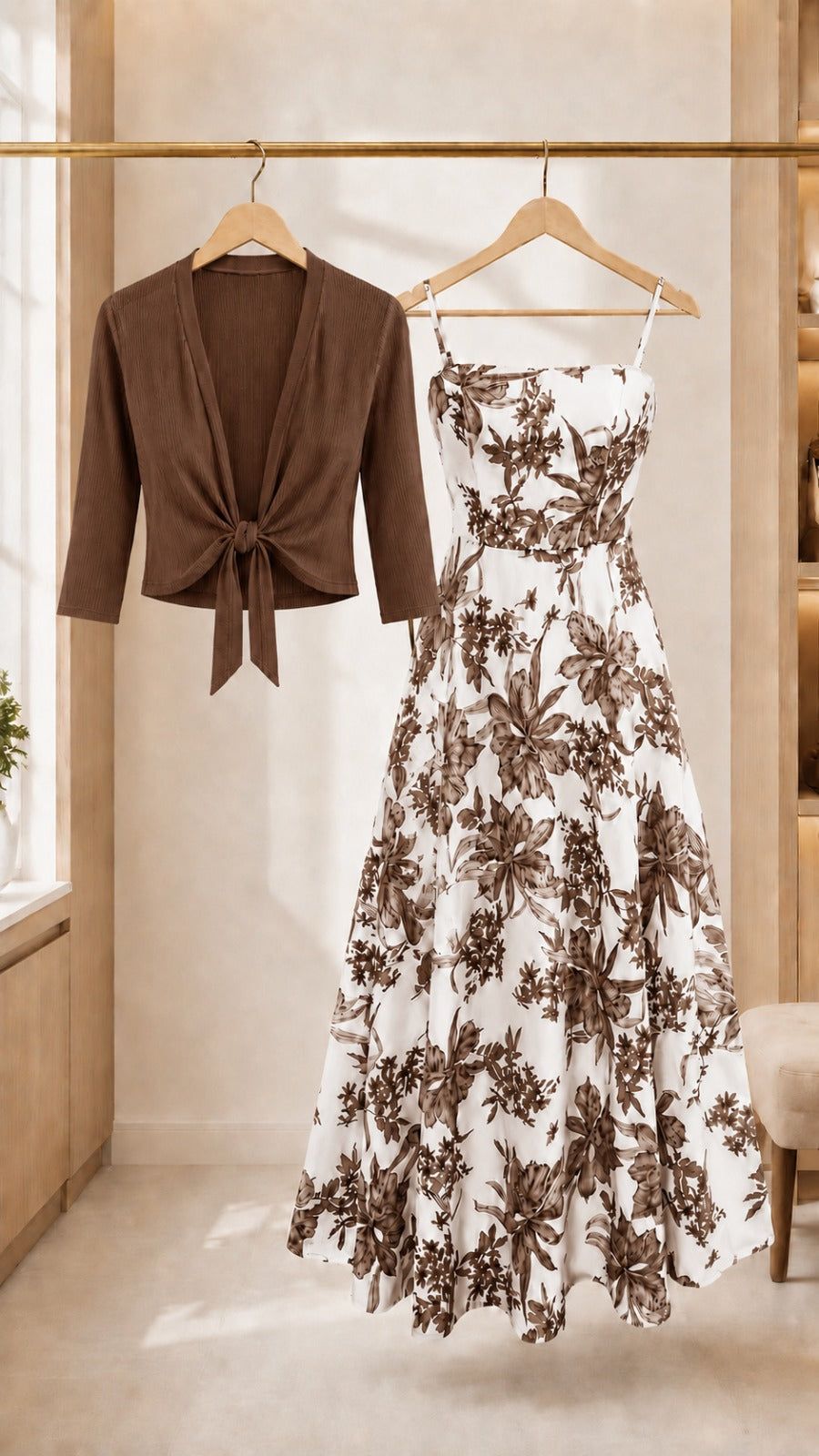 The Roselle Mocha Bloom Tie-Front Floral Midi Dress 🤎