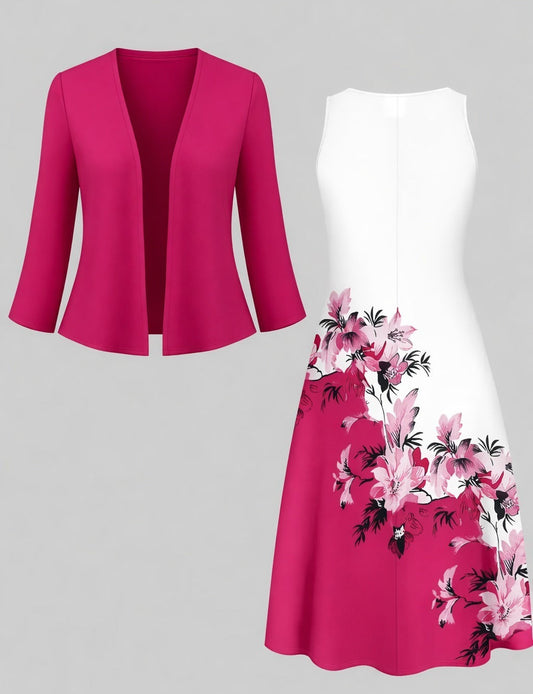 The Roselle Floral Elegance Rose Red Printed Dress with Tie-Front Shrug