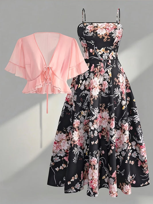 Roselle Black Floral Midi Dress with Pink Ruffle Shrug Set