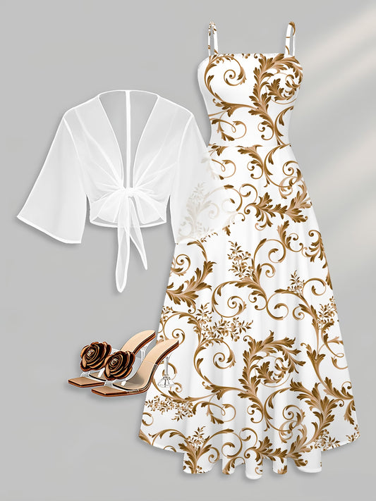 Roselle Golden Baroque Print Dress with White Tie-Front Shrug Set