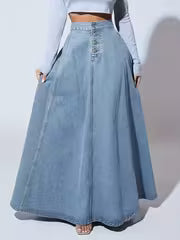 High-Waist Button Front A-Line Denim Skirt