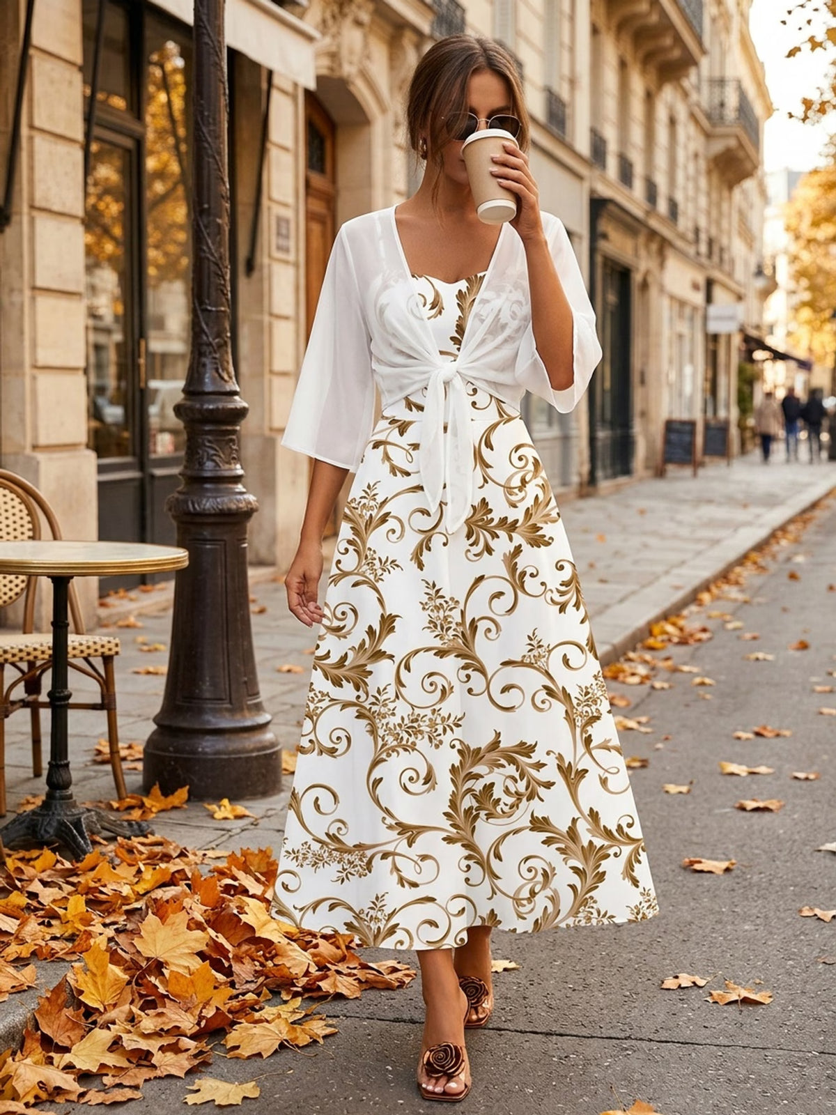 Roselle Golden Baroque Print Dress with White Tie-Front Shrug Set