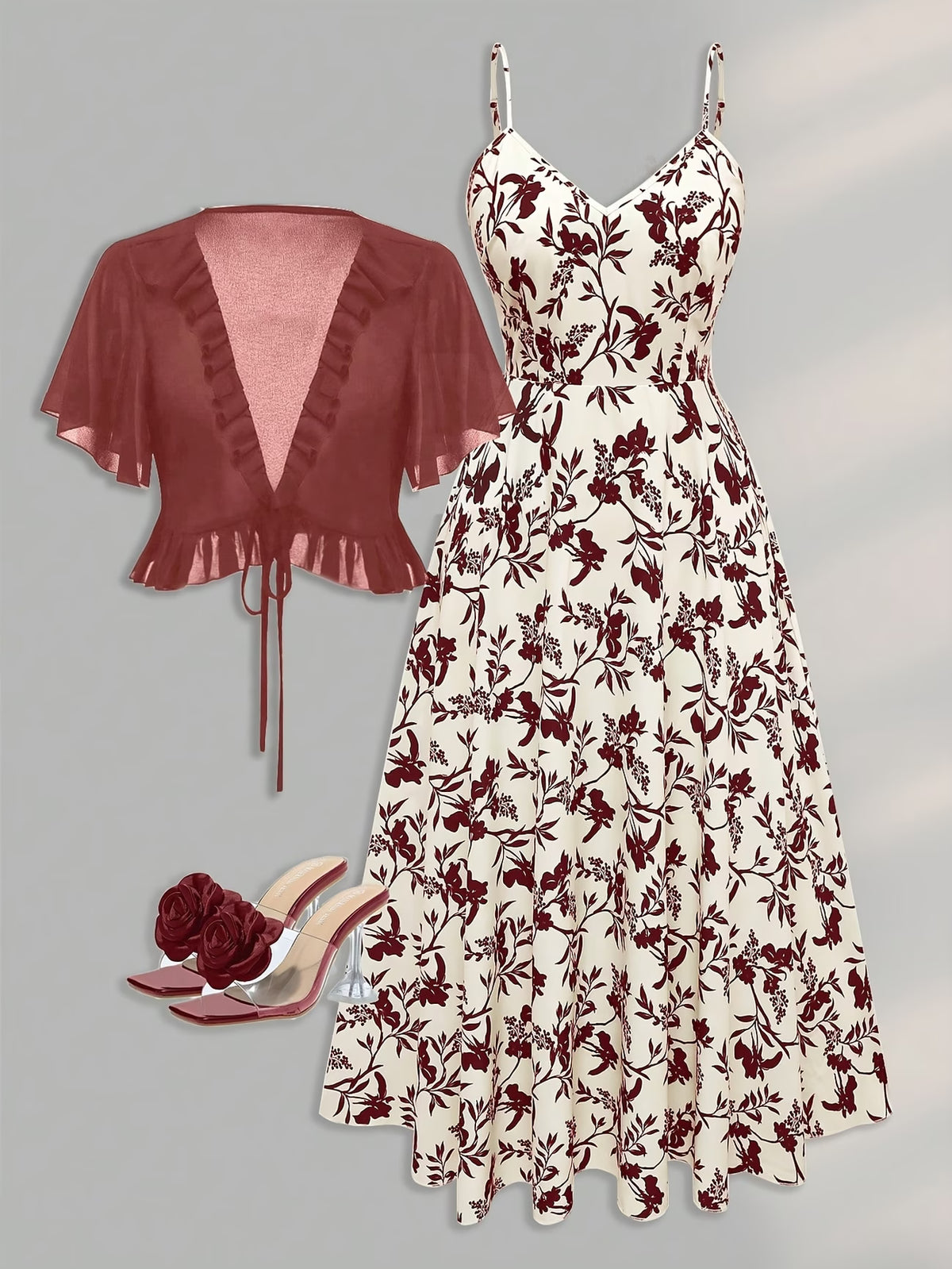 Roselle Burgundy Floral Maxi Dress with Sheer Tie-Front Shrug Set