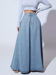 High-Waist Button Front A-Line Denim Skirt