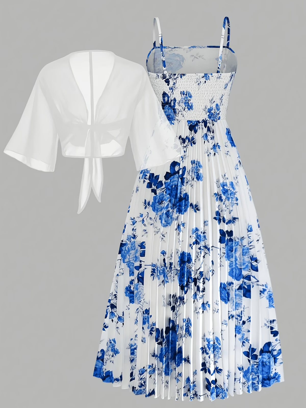 Roselle Blue Floral Pleated Dress with White Tie-Front Shrug Set