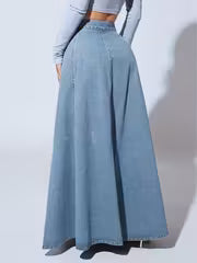High-Waist Button Front A-Line Denim Skirt