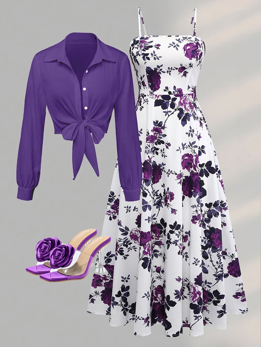 Roselle Purple Floral Midi Dress with Tie-Front Jacket Set